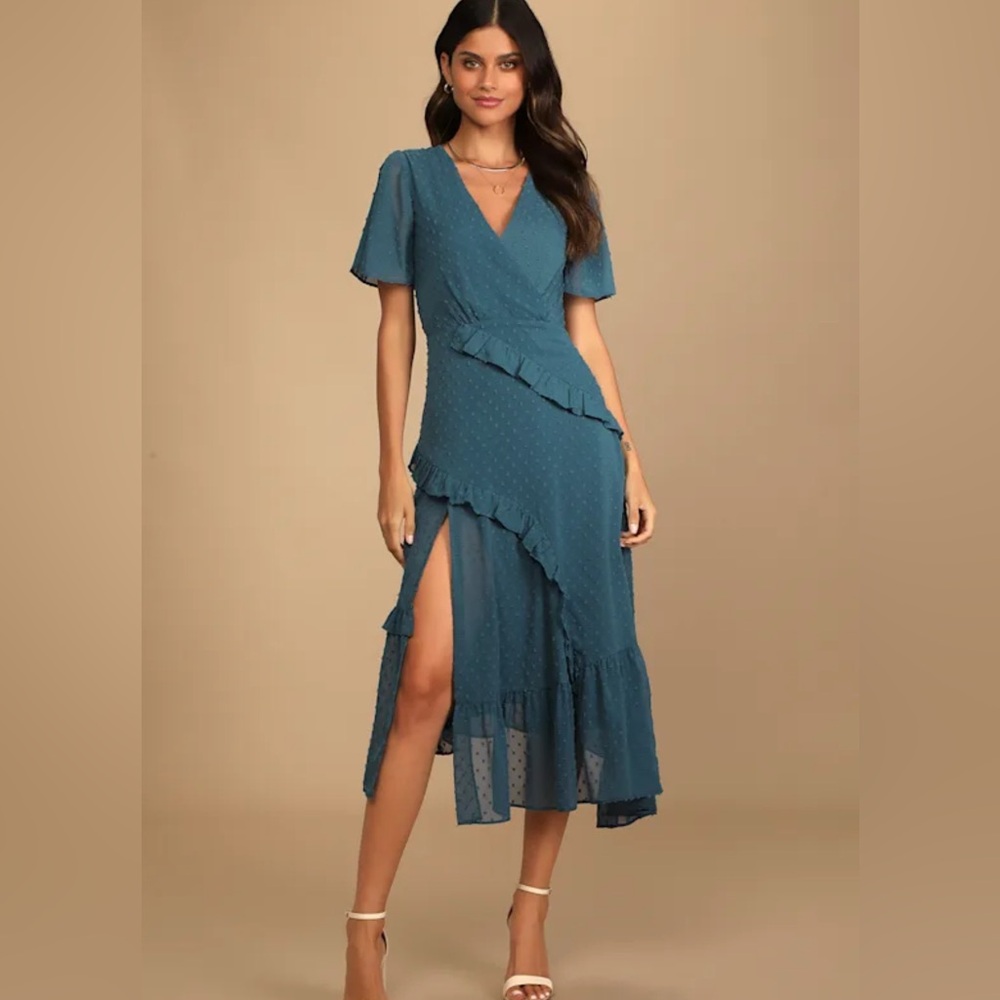 Lulus Next to You Blue Swiss Dot Ruffled Midi Dress